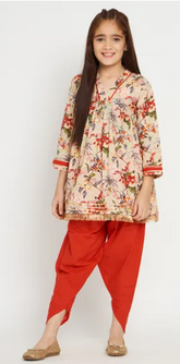 Girls Beige Floral Print Kurta and Red Patiala Set